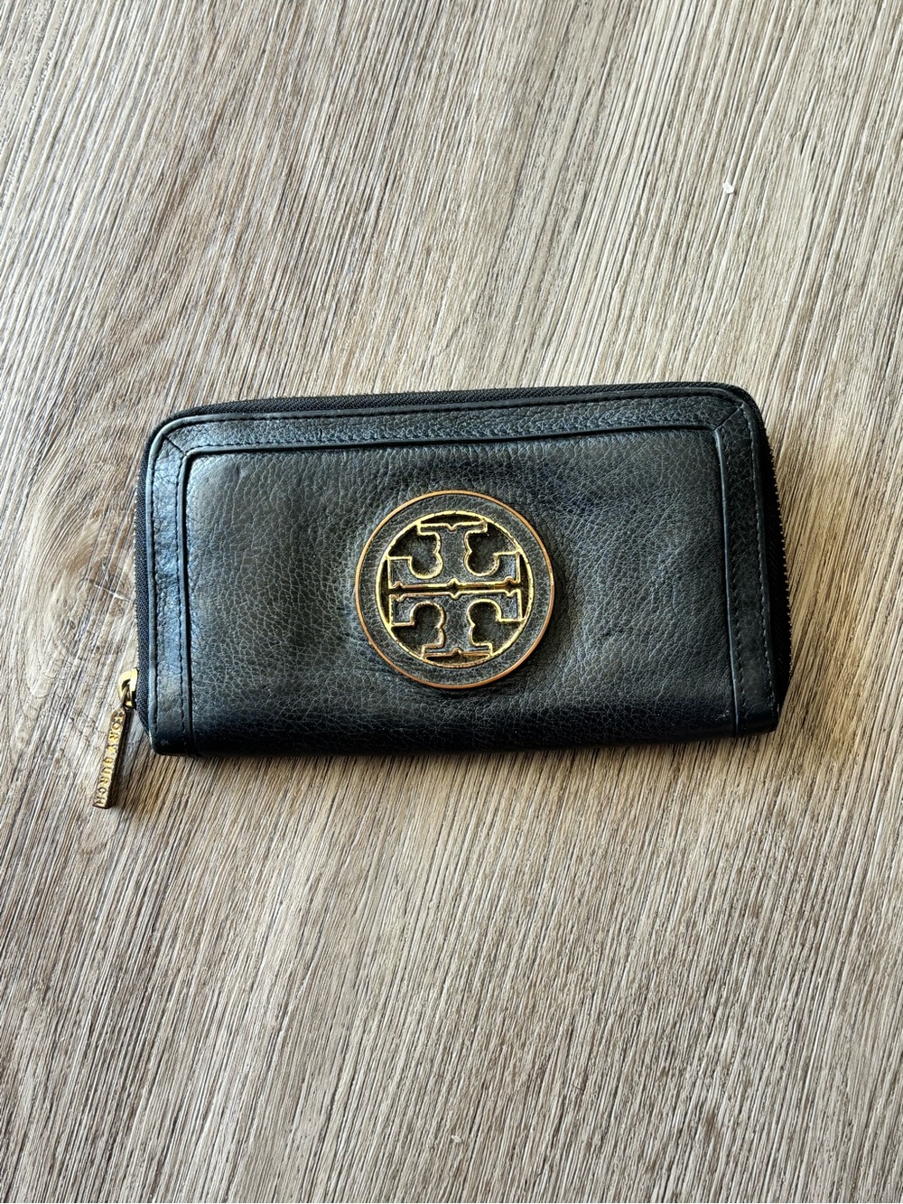 Tory Burch Black Leather Zip-Around Wallet with Gold Logo Emblem